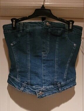 NWT Love Tree Blue Striped Denim Strapless Knit Top With Elastic Back & Zipper